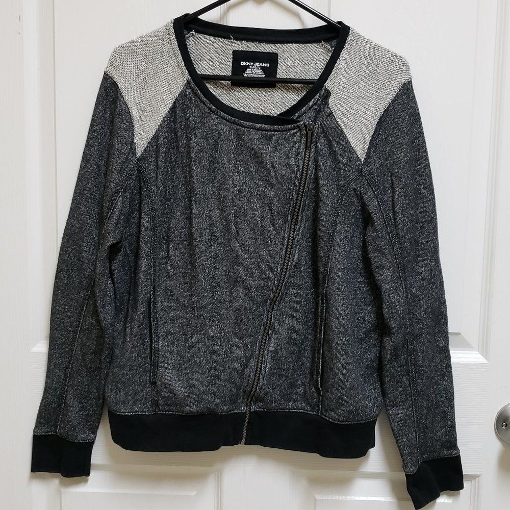 DKNY Jeans Womens XL Gray Black Asymmetrical Zip Sweater Jacket Long Sleeve